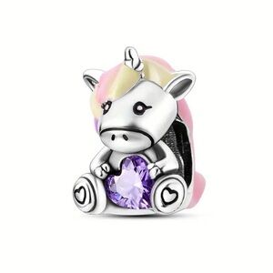 Silver and Pink Unicorn Charm with Purple Heart